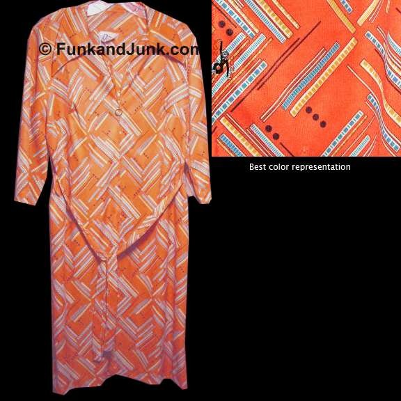 Damon Fashions Orange with Diagonal Colored Pattern Bars & Groups of 3 Brown Dots Dress with Belt