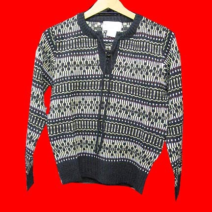 100% Acrylic Yellow White and Black pattern of posts and barbell shapes "V" neck long sleeve sweater with drawstring neck