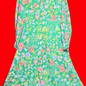 Green with Flower Garden full length Dress with Sheer Billowed Sleeves Dress