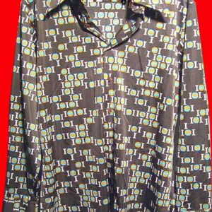Kmart Brown with Orange and Blue "Eyes" between White Columns Long Sleeve Shirt