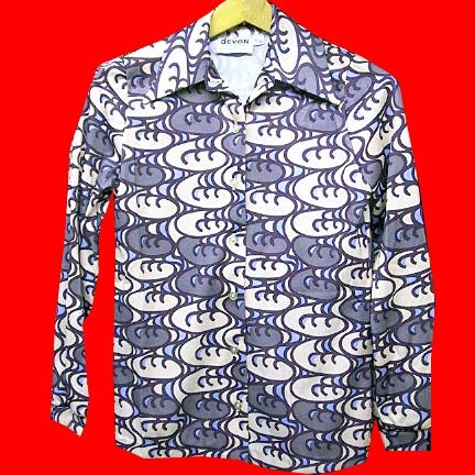 Devon vertical swirls of Purple and Creme with overlaid larger swirling ovals Dacron Polyester long sleeve blouse