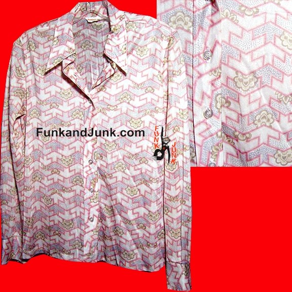 Donnkenny Spotted and White reversed Arrows with Occasional Stylized Brown Flowers Long Sleeve Blouse