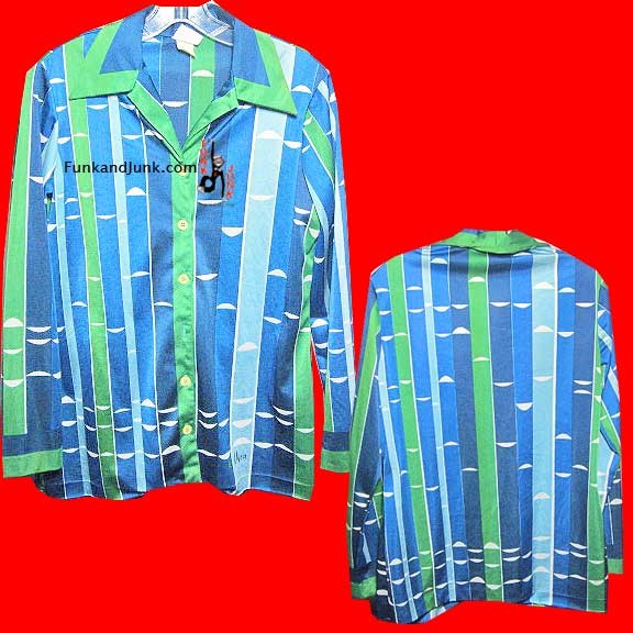 Vera Moderne look 3 tone Blue & Green Vertical Stripe with Half Circles Long Sleeve Blouse