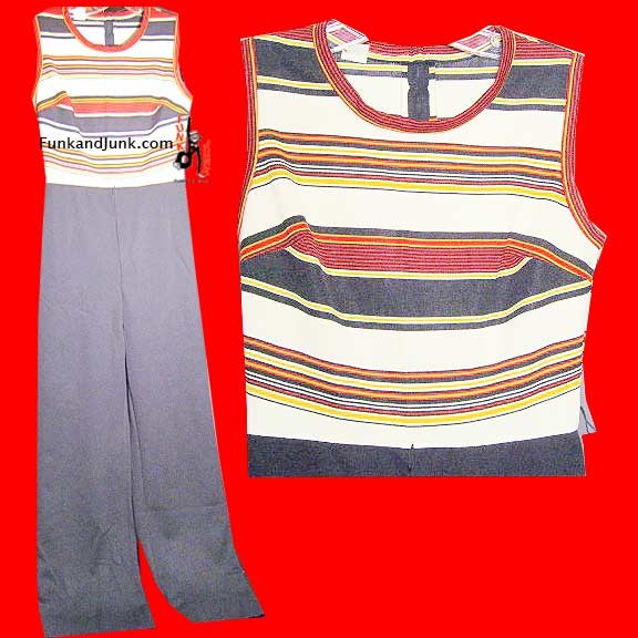 White with Multicolor Horizontal Striped Sleeveless top with Black Bottom Flared Leg Lounge Jumper
