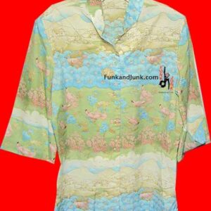 County Village with Pink Birds on Flowering Branches Asian inspired 3/4 Sleeve Women's Blouse