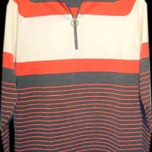Booth Bay Deadstock White Chest with Red Orange & Brown Varied Horizontal Stripes Mod 1/4 Zipper front Long Sleeve Woman's Shirt