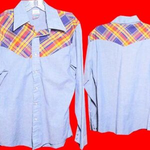 Put On Shop Denim color with Colorful Plaid Chest & Yoke pattern Long Sleeve 1970's Western Snap Shirt