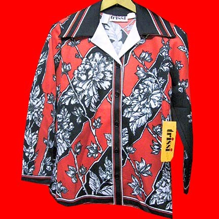 Trissi Black and Red bias direction panels with overlaid large White flowers long sleeve shirt jak blouse