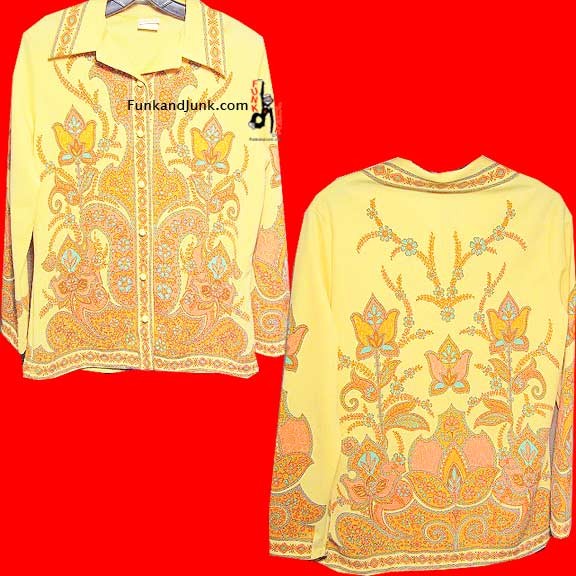 Stylecraft Yellow with Stylized 1970's Tulips & Floral Pattern Long Sleeve heavier weight Button Front Women's Shirt Jak