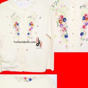 Beautiful White with Colored Hand Stitched Flowers and Knots Women's Sweater