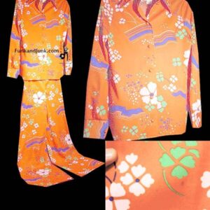 Bullock's Neon Orange with Large Daisies and Mod Dots Super Bell Bottom Women's Suit