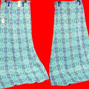 Lansburgh's Poly Knit Green & Blue Medallion Panel Deadstock Full Length Skirt with Gold Metal Buttons