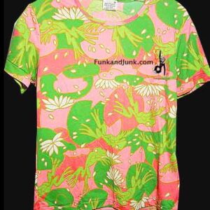 100% Nylon Frogs jumping to and from Lilly Pads in Hot Pink Pond Short Sleeve Round neckline Blouse