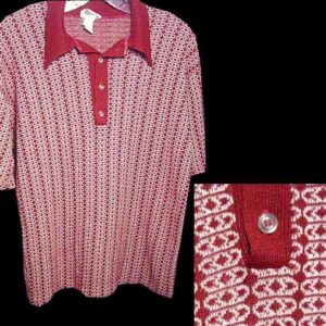 Montgomery Ward Ruby with White Oval Filled Vertical Pattern Blended Knit Short Sleeve Shirt