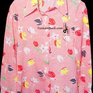 100% Polyester Red & White Weave with Colored Tulips Long Sleeve Blouse