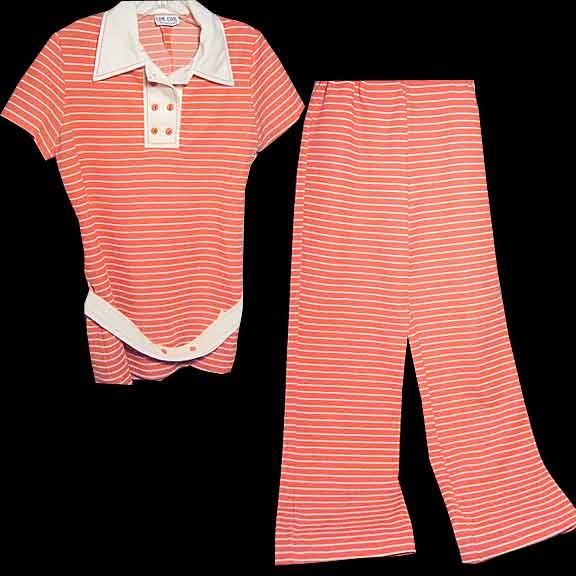 Cos Cob Red with White hash marks & White Vertical Lines Flare Legged Pants Suit with Matching Belt
