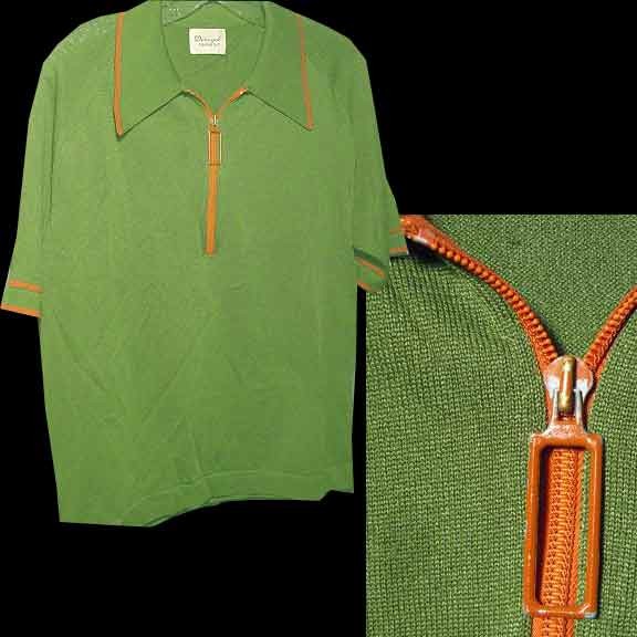 Donegal Green with Red Trim and Mod Square Zipper Pull Coleseta Banlon like Short Sleeve Shirt