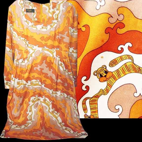 Frida Orange Tones Brown & White Scrolling with Animated Jumping Tigers Long Sleeve Dress