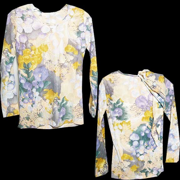 Laura Mae Washes Like a Hanky Pastel Painting Flowers Long Sleeve Blouse with Stitched Curved neckline and Matching Head Scarf