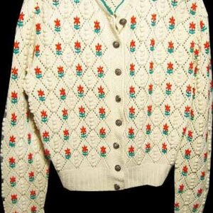 Modell Lanz White Diamond Knit with Red Flowers with Leaves Sweater with Metal Buttons