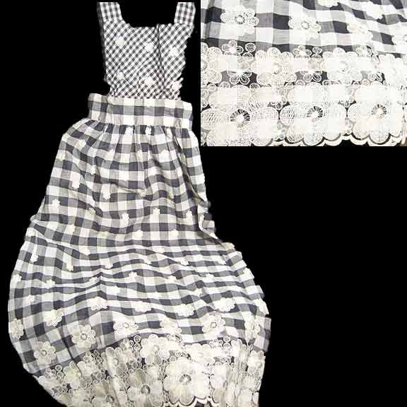 Black Gray & White Blocks with Ornately Stitched Various White Flowers Bid Front Floor length Dress