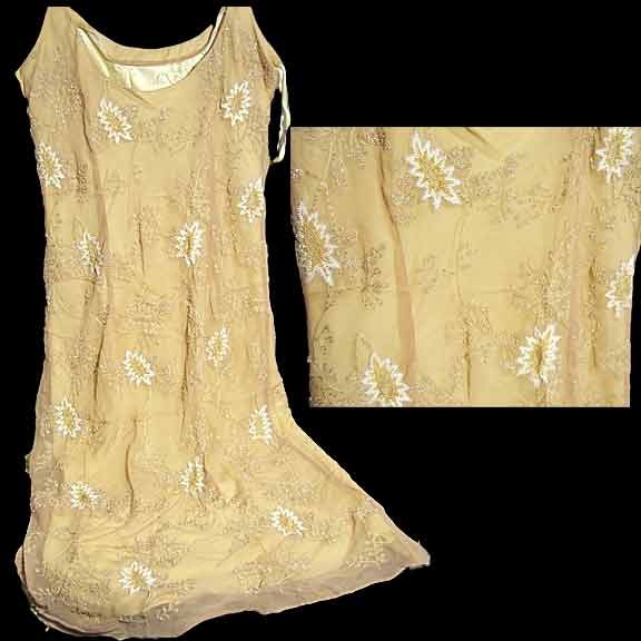 Sand with Tan Sheer Over Yellow Slip with Stitched Branches with Beaded Leaves & Ends Spaghetti Strap Evening Dress