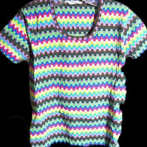 100% Nylon Multicolor Stacked Squared Waves Short Sleeve Blouse