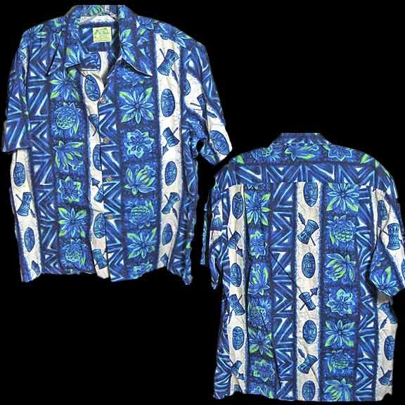 UiMaikai White & Blue Masks & Drums Hawaiian Aloha Shirt