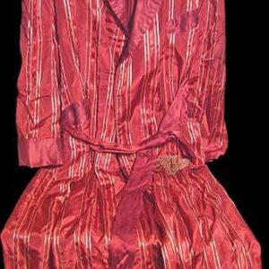 Shiny Ruby Silk Acetate Robe with Shiny Silver Verticals next to Darker Ruby Vertical Bars with Sash full length Smoking Jacket