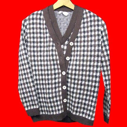 Wintuk Brown Black and White snowflake and bar pattern button front sweater with matching V neck sleeveless top with vest