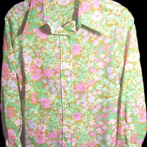 Brown with Pastel Flowers & Green Leaves Long Sleeve Semi sheer Blouse