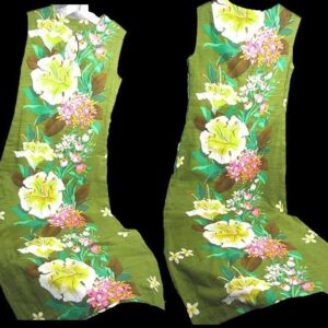 Textured Look Green with Large Varied Floral Vertical Full Length Hawaiian Dress Muu Muu