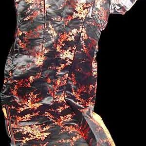 Black with Shiny Red & Black Lotus Blossoms on Branches Asian Knot Hostess Dress