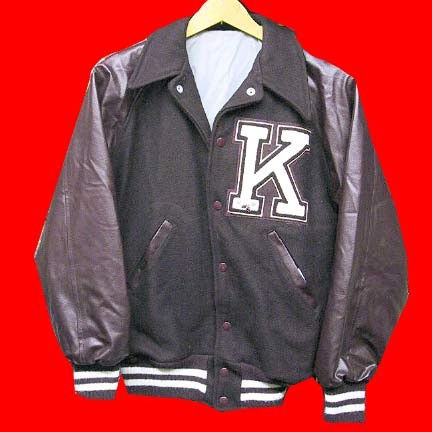 F Knit deep Purple wool with shiny vinyl sleeves and two color knit cuffs and waist letterman's jacket with K flocked letter