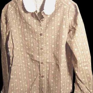 Jon Woods Brown with Raspberry Floral Verticals Long Sleeve Top with Peter Pan Lace edge Collar