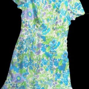 McMullen White with Blue tones & Purple Flowers on Stems Faux Asian Knot tie Dress