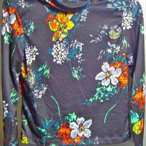 Black with Brush Stroked Flowers Long Sleeve Blouse with Rolled Neckline
