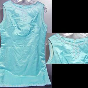 Aquamarine Sleeveless Taffeta Dress with Seed Pearl and Bugle Bead Flower Hem and Neckline Trim