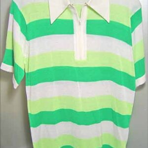 Ferranti of California White and Greens Horizontal Stripped with 1/4 Zipper Front Acrylic Knit Short Sleeve Shirt