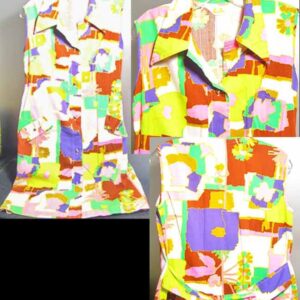 Smart Time 1960's Impressionistic Mod Color Florals Button Front Sleeveless Mini Dress