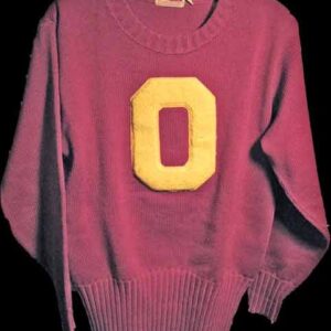 Ruby colored with " O " or zero thick Flocked Letterman's Sweater