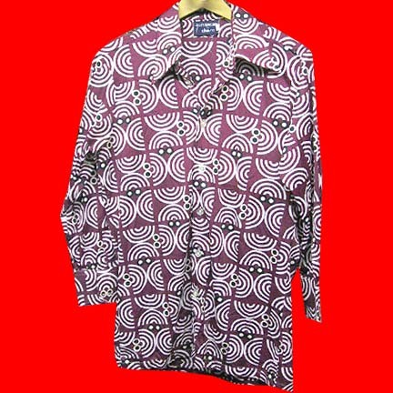 Givenchy deep Red with Pop art style 1/2 bulls eyes in blocks with Black and Tan dots long sleeve shirt