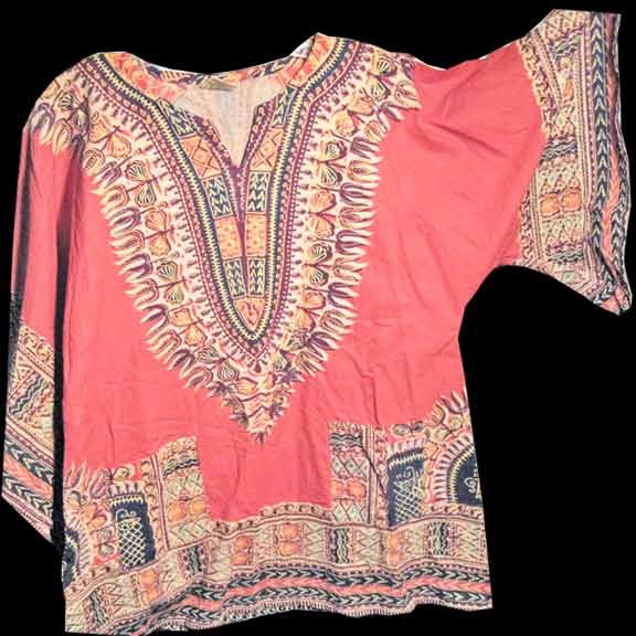 Red with Batiked Decorations including Large Flowers on Neckline Dashiki