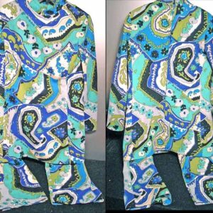 Abstract Florals in Blocks Women's stretch knit Pants Suit with Nauru Slit Collar