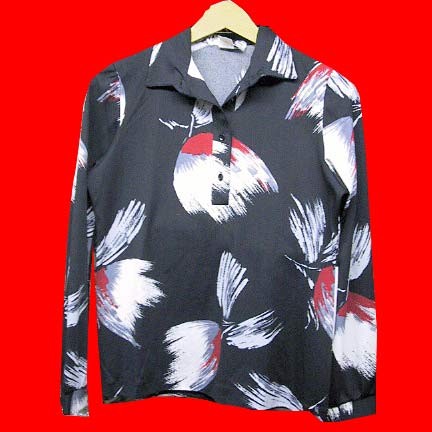 Trissi Black with Gray Red and White stroked impressionistic flowers long sleeve blouse