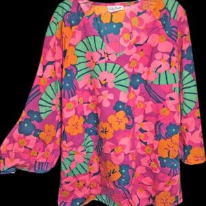 Bobbie Brooks Asian Fan and Multicolor Flowers Long Sleeve Smock Top