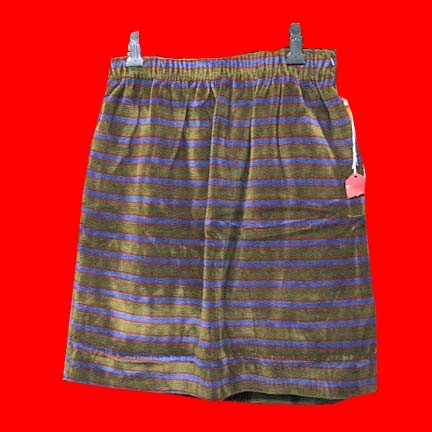 Brown velour like cotton with groups of Red and Blue horizontal stripes elastic waist skirt