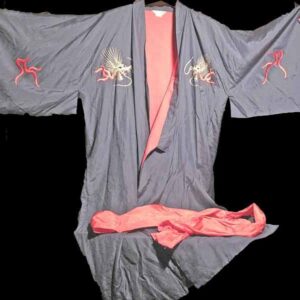 100% Silk Blue Japanese Kimono with Full Embroidered Dragon & Billowed Sleeves With Wide Back Sash