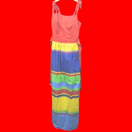 Sears Great Entertainers various width horizontal stripped full length spaghetti strapped halter dress with attached waist belt