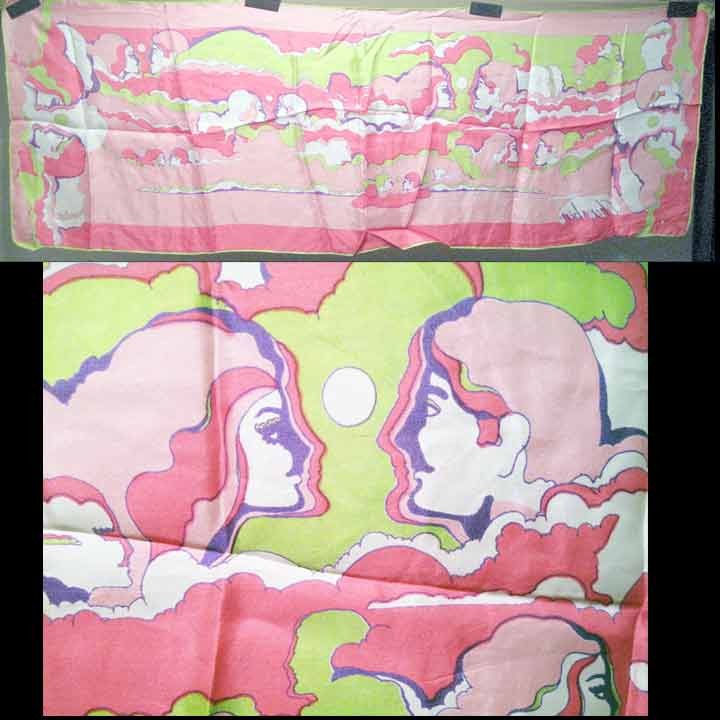 Peter Max inspired Chereskin 1970's Long Man & Woman Faces in Clouds Scarf